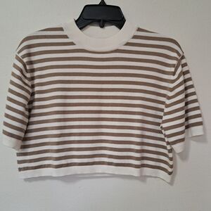 MIOU MUSE Small Knit Blouse Top Brown White Stripe Shirt Nautical Casual Sweater